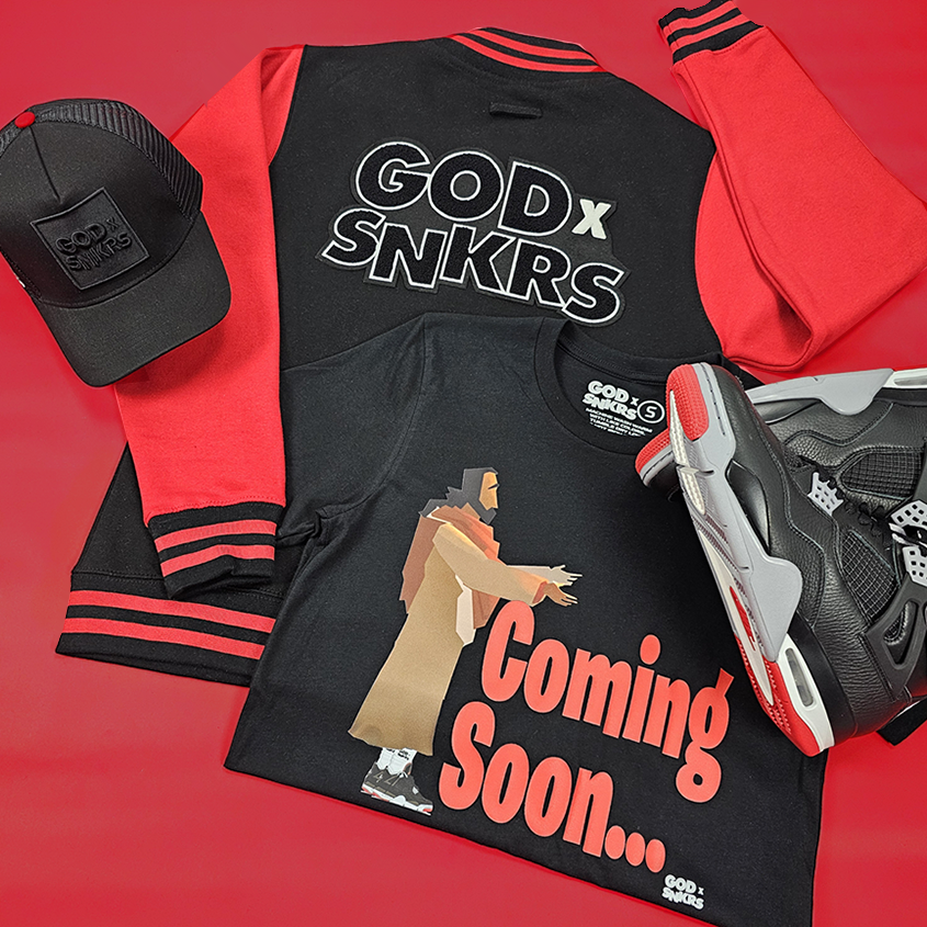 GOD x SNKRS Bred of Heaven Black and Red Chenille Varsity Jacket