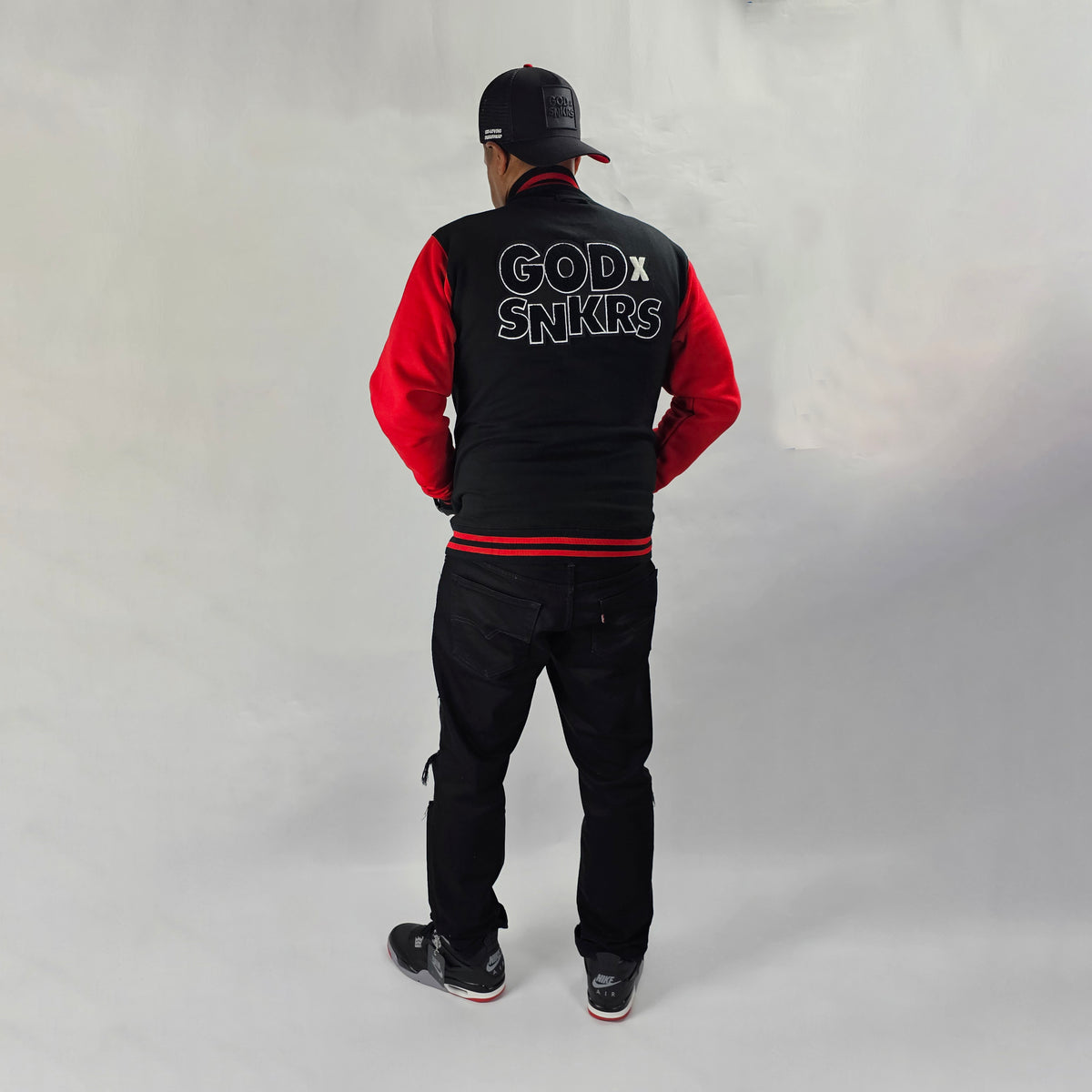 GOD x SNKRS Bred of Heaven Black and Red Chenille Varsity Jacket