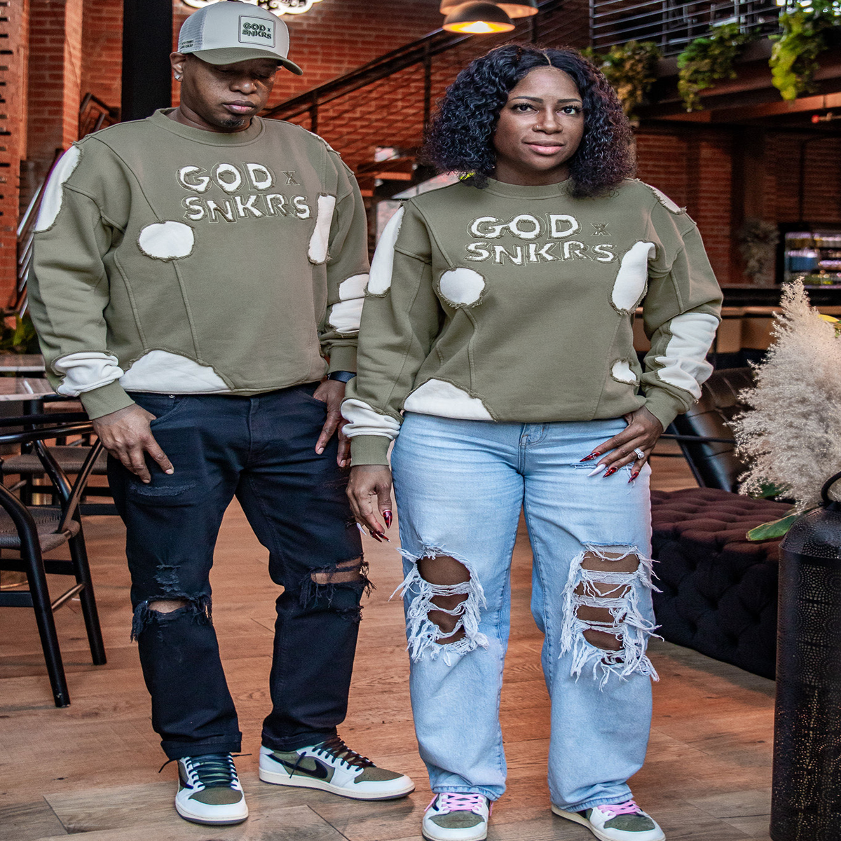 GOD x SNKRS Olive Leaf Fully Custom Distressed Sweater + FREE Matching Trucker
