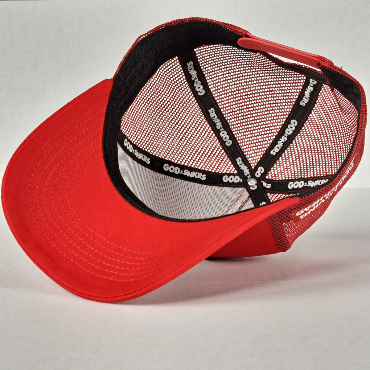 GOD x SNKRS Red and Black Covered by the Blood Trucker Cap