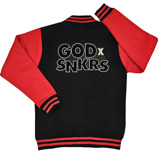 GOD x SNKRS Bred of Heaven Black and Red Chenille Varsity Jacket