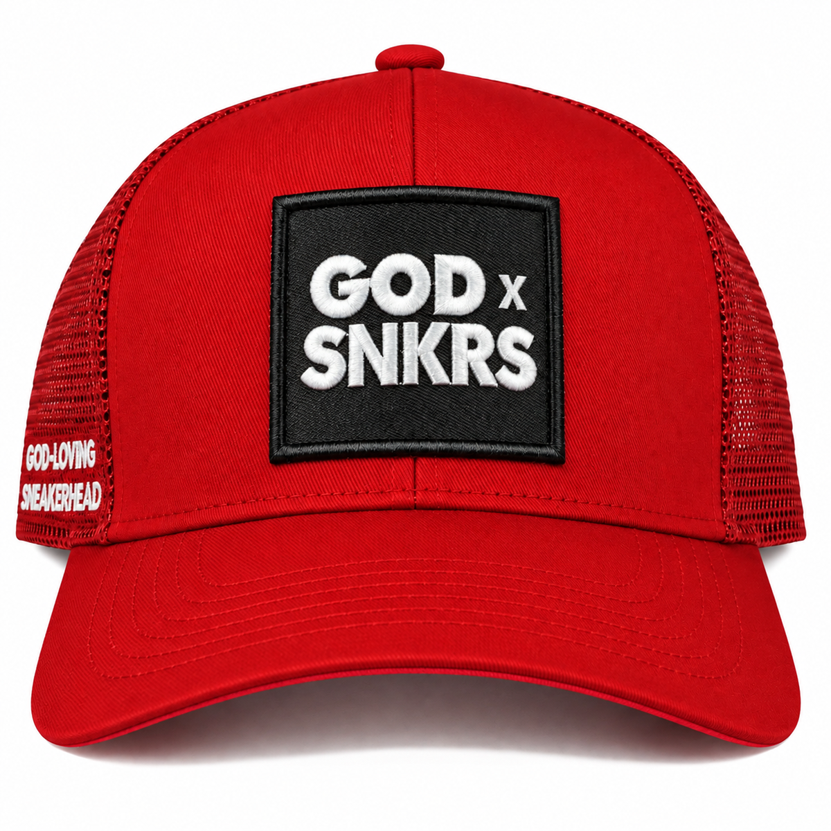 GOD x SNKRS Red and Black Covered by the Blood Trucker Cap