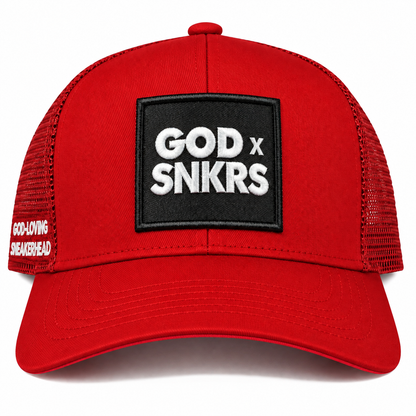 GOD x SNKRS Red and Black Covered by the Blood Trucker Cap