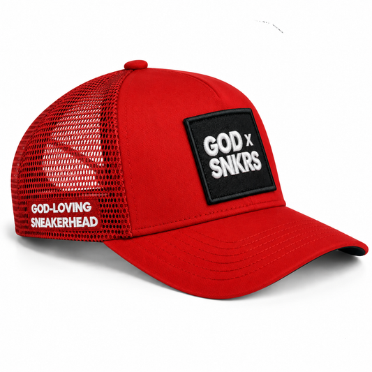 GOD x SNKRS Red and Black Covered by the Blood Trucker Cap