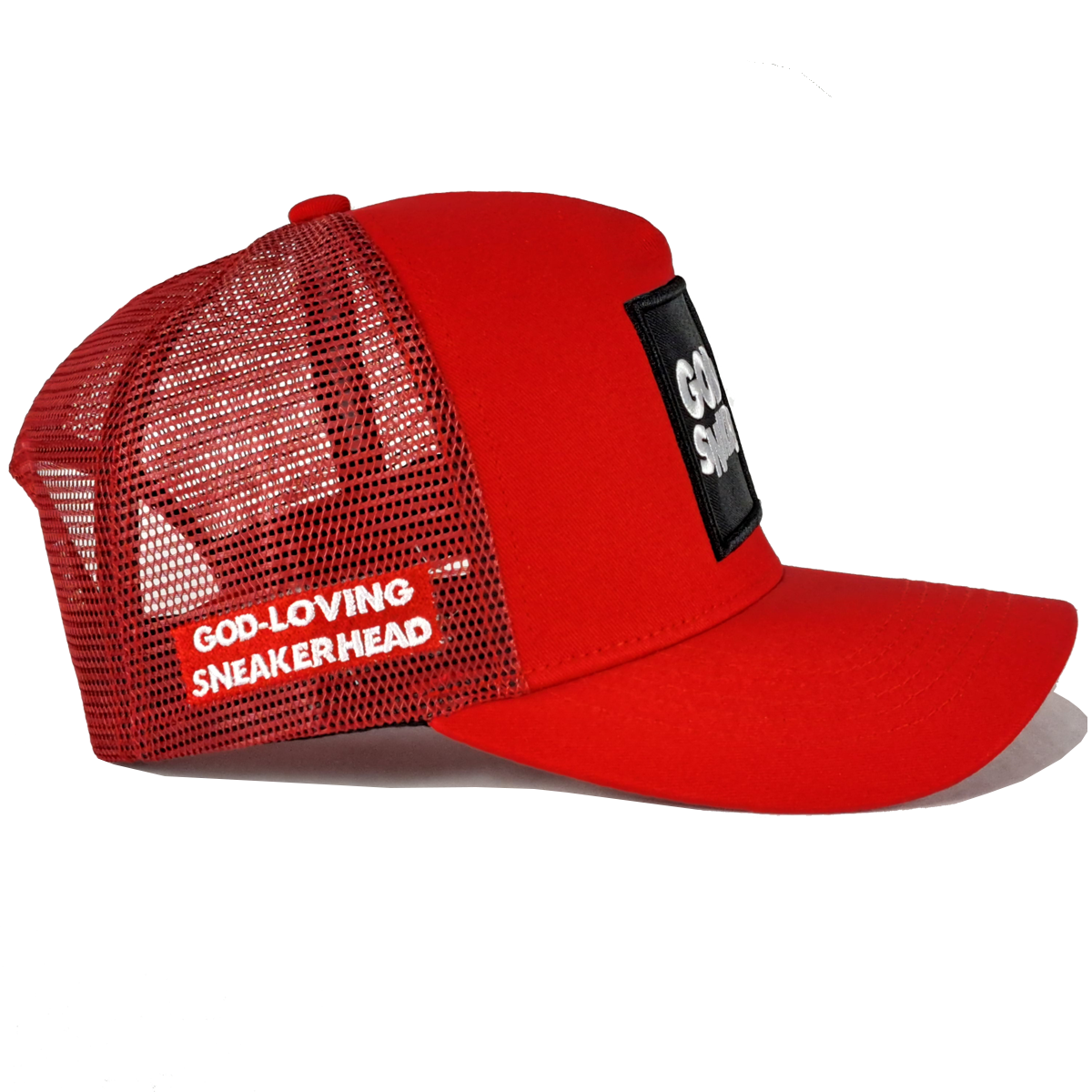 GOD x SNKRS Red and Black Covered by the Blood Trucker Cap