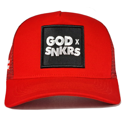 GOD x SNKRS Red and Black Covered by the Blood Trucker Cap