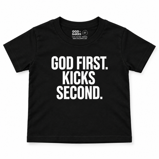 GOD FIRST. KICKS SECOND. Toddler Heavyweight Tee