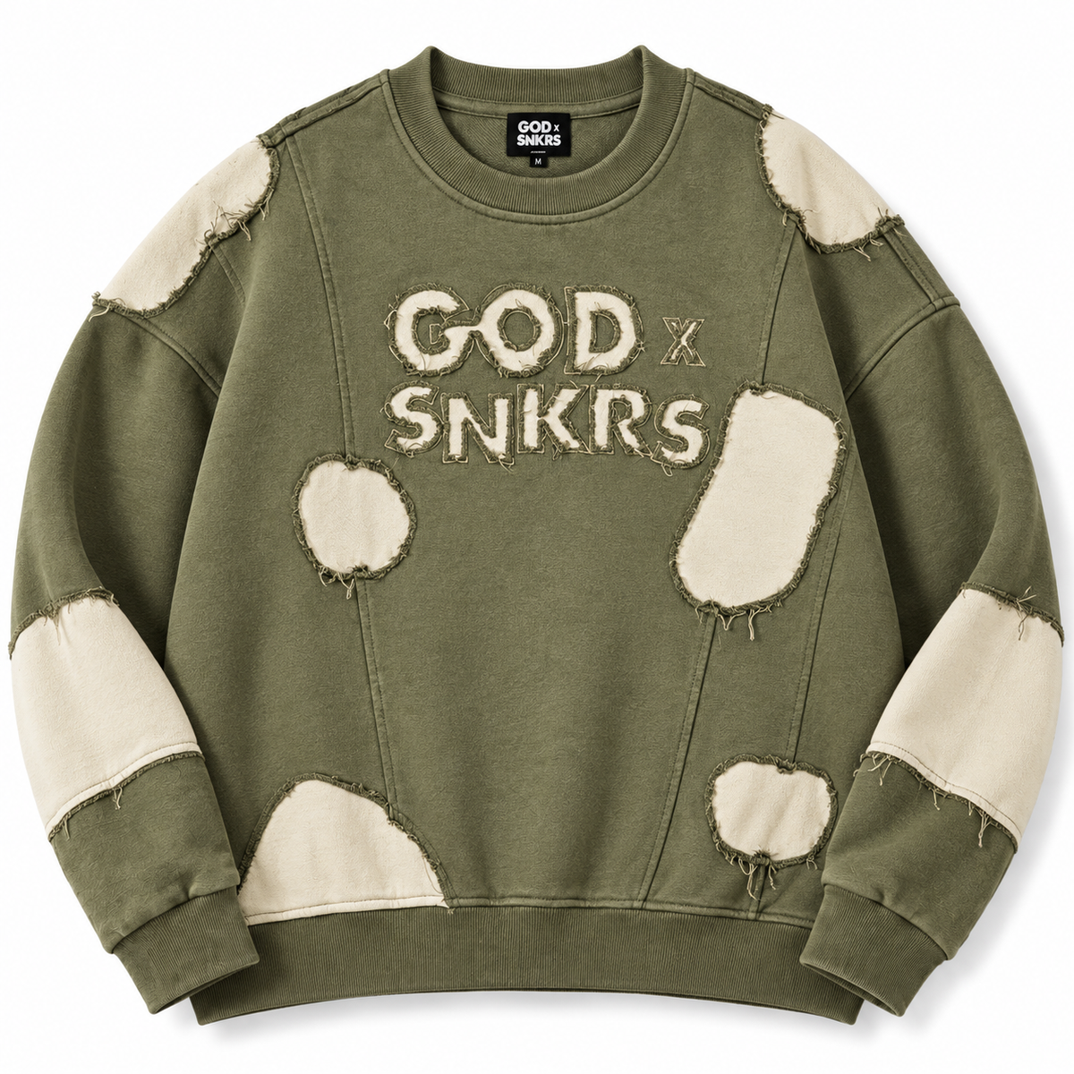 GOD x SNKRS Olive Leaf Fully Custom Distressed Sweater + FREE Matching Trucker