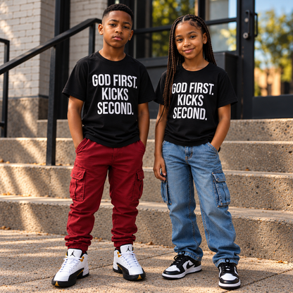 GOD FIRST. KICKS SECOND. YOUTH Heavyweight Tee
