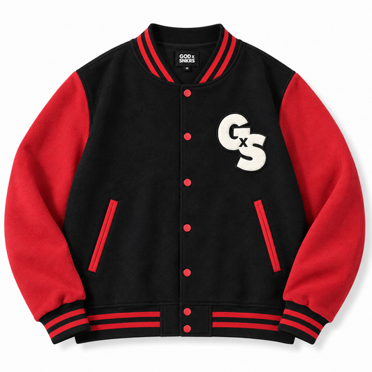 GOD x SNKRS Bred of Heaven Black and Red Chenille Varsity Jacket