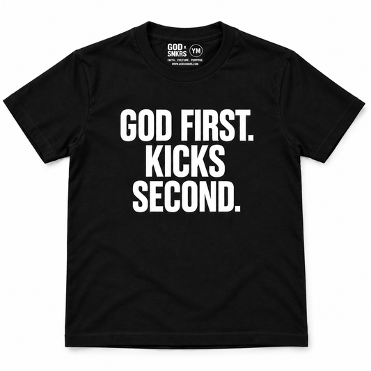 GOD FIRST. KICKS SECOND. YOUTH Heavyweight Tee