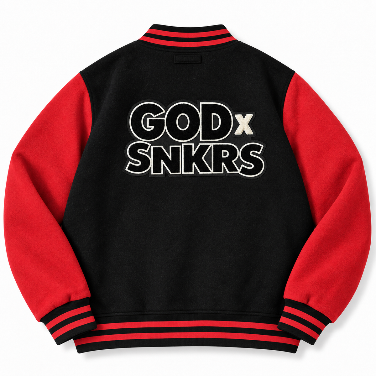 GOD x SNKRS Bred of Heaven Black and Red Chenille Varsity Jacket