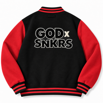 GOD x SNKRS Bred of Heaven Black and Red Chenille Varsity Jacket